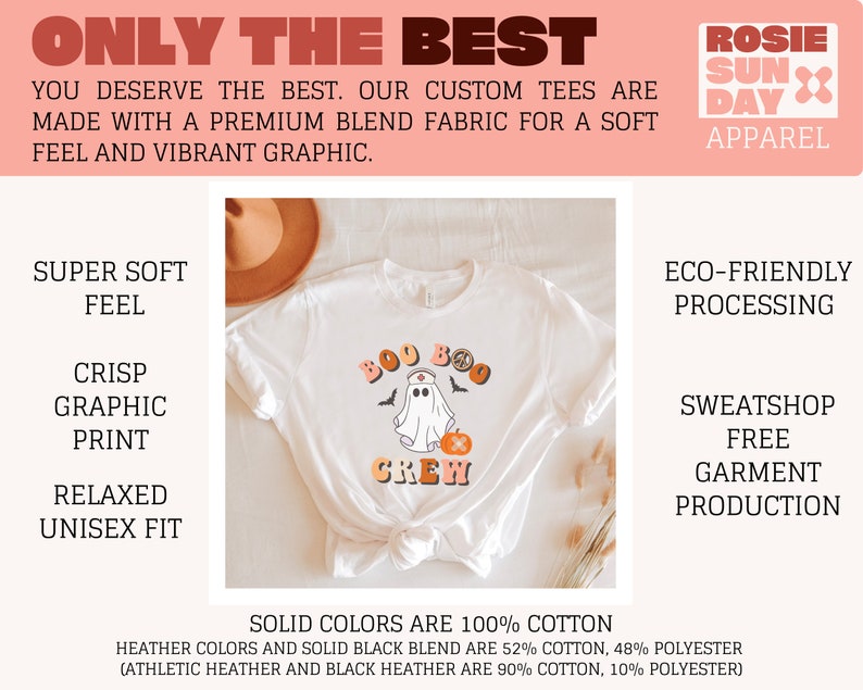 May include: White t-shirt with a graphic of a ghost wearing a nurse's hat and holding a pumpkin. The text "Boo Crew" is printed on the shirt. The shirt is laid flat on a surface with a brown hat and dried grass.