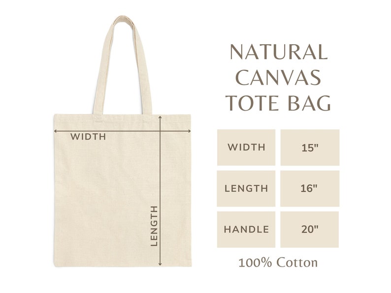 K&ouml;nnte beinhalten: Eine nat&uuml;rliche Canvas-Tragetasche mit Ma&szlig;en f&uuml;r Breite, L&auml;nge und Griff. Die Tasche ist 15 Zoll breit, 16 Zoll lang und hat einen 20 Zoll langen Griff. Die Tasche ist aus 100% Baumwolle.