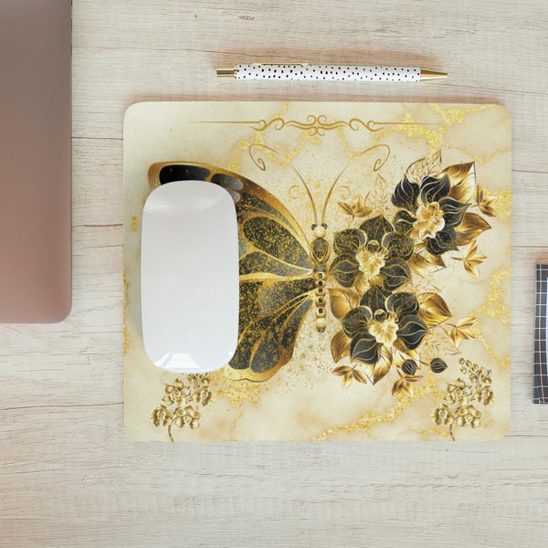 Gold Flower Butterfly Mouse pad - Desk organizer, pc accessories, cute mouse pad desk mat, gift for her, birthday gift