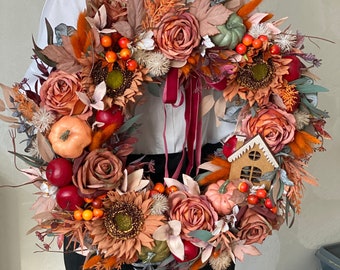 Rustic autumn wreath, fall flowers wreath  for your home, fall floral wreath, fall floral wreath, neutral fall decor.