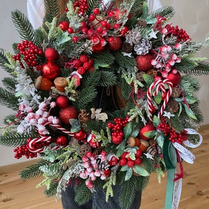 Red christmas wreath for front door with pinecones, red berries and pine. image 2