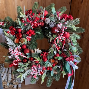 Red christmas wreath for front door with pinecones, red berries and pine. image 4