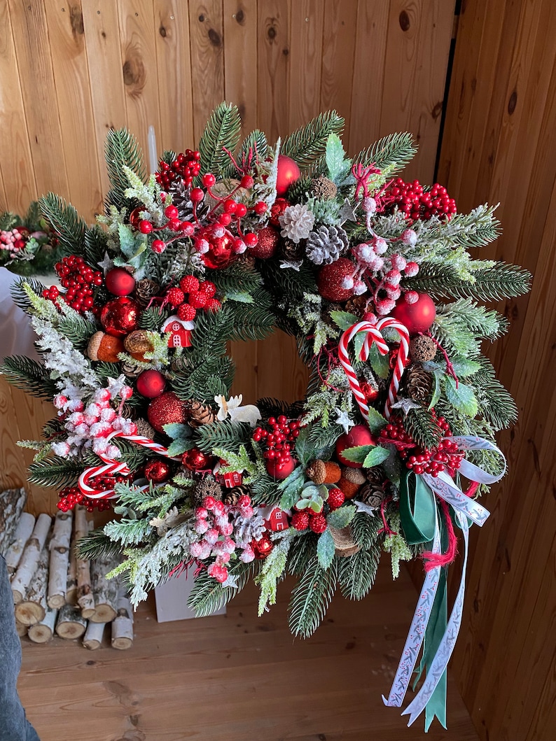 Red christmas wreath for front door with pinecones, red berries and pine. image 4