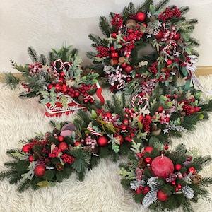 Red christmas wreath for front door with pinecones, red berries and pine. image 7
