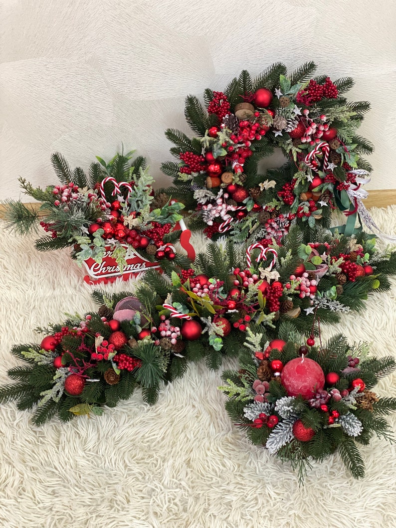 Red christmas wreath for front door with pinecones, red berries and pine. image 7