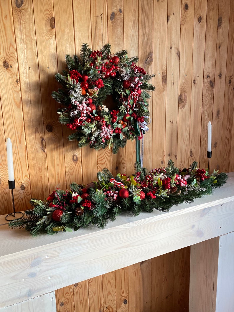 Red christmas wreath for front door with pinecones, red berries and pine. image 5