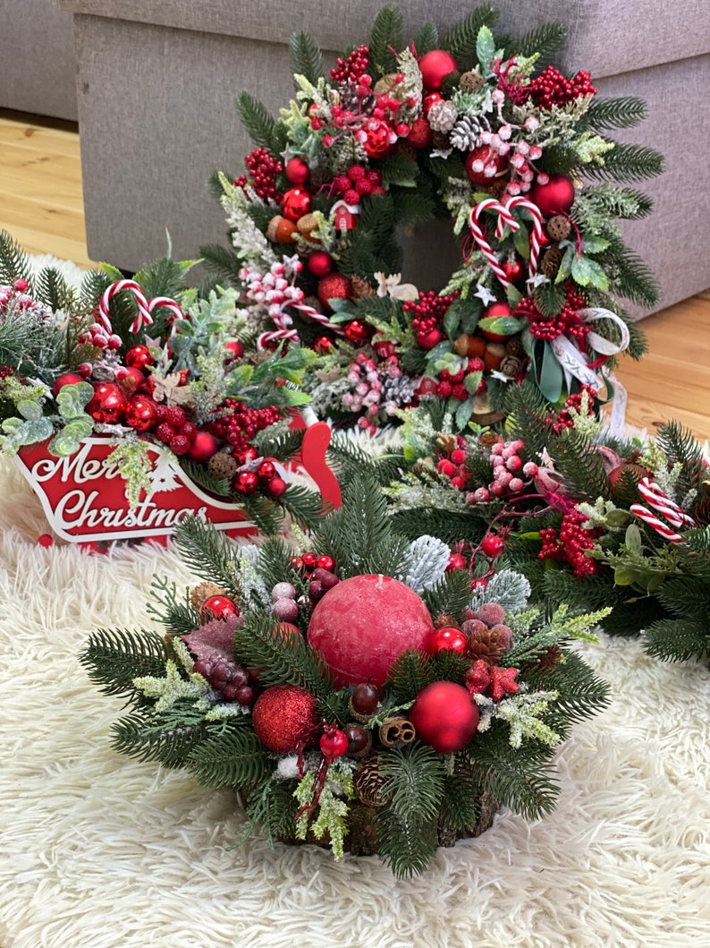 Red christmas wreath for front door with pinecones, red berries and pine. image 8