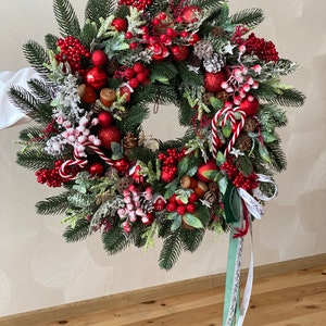 Red christmas wreath for front door with pinecones, red berries and pine. image 3