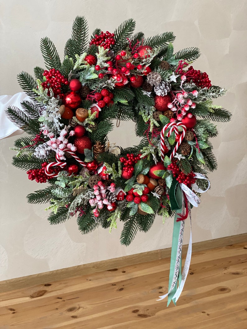 Red christmas wreath for front door with pinecones, red berries and pine. image 3