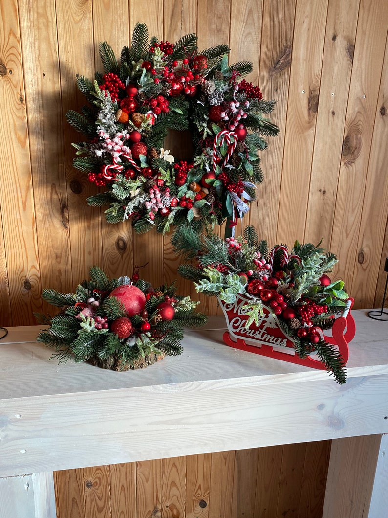 Red christmas wreath for front door with pinecones, red berries and pine. image 6