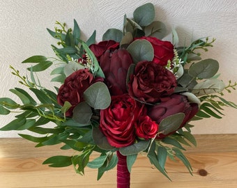 Boho bridal bouquet with eucalyptus for the bride and bridesmaids, silk rose burgundy wedding bouquet.