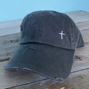 Dad hat w/embroidered Cross design~side placement~distressed hat~faith hat~christian hat