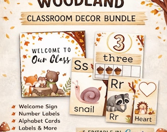 Woodland Animals Classroom Decor Bundle, Editable Printable (Canva)