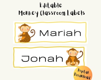 Editable Monkey Classroom Name Labels, Monkey Cubby Tags, Customizable Digital Labels, Animal Name Tags, Printable