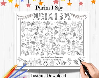 Purim- I Spy Page, I Spy Coloring, Purim Printable, , I Spy Holiday Games, Kids Activity Pages, Jewish Celebration