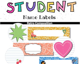 May include: Student name labels with a retro composition design. The labels feature various shapes and designs, including a star, heart, cherries, and roller skate. The text reads "Student Name Labels" and "3 Styles".