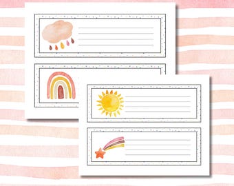 May include: Four watercolor name tag designs with a boho theme. Each tag features a white rectangular space for writing, bordered by a dotted line. The designs include a cloud with raindrops, a rainbow, a sun, and a shooting star. The text "Boho Name Tags" and "4 Watercolor Tag Designs" are also present.