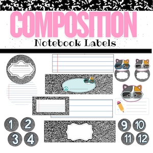 Composition Notebook Labels,Editable,  Classroom Labels, Notebook Labels School, Retro Decor, Teacher Supplies