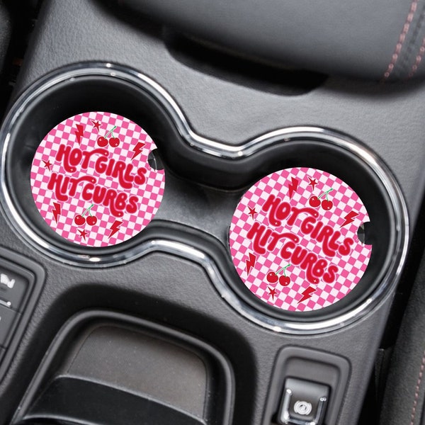 Hot Girls Hit Curbs - Car Coaster Set of 2 - Glam Car Accessories, Drive in Style, Car Decor,Cup Holder Decor