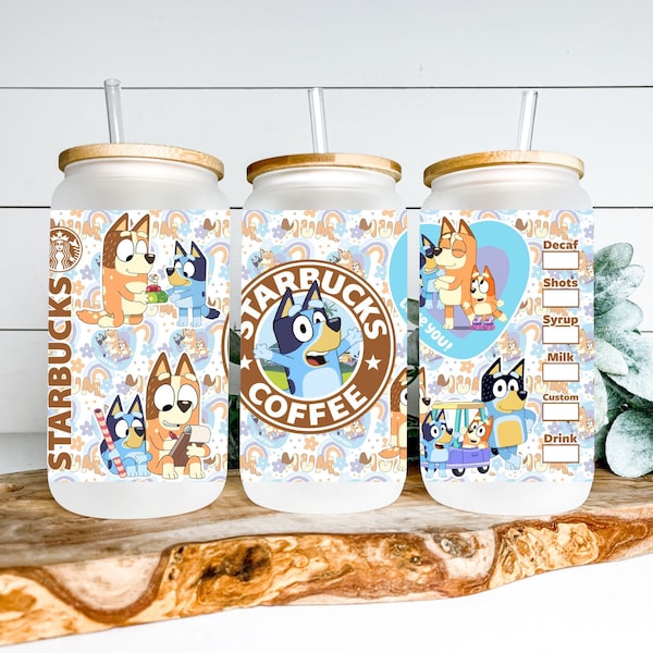 Bluey - Bingo Starbucks Inspired Coffee Mug with Lid and Straw | Bluey and Friends Iced Coffee Cup 16oz Glass Soda Can Cup w/ Bamboo Top