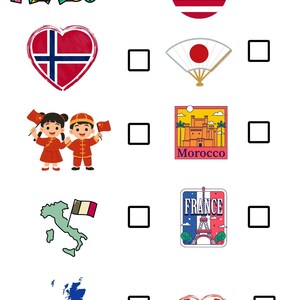 Könnte beinhalten: Eine Grafik mit Illustrationen zum Thema Länder. Enthält das Wort "México", einen Kreis mit der US-Flagge, eine herzförmige norwegische Flagge, einen japanischen Fächer, zwei Kinder mit Flaggen, eine marokkanische Szene, eine italienische Karte mit einer Flagge, eine französische Szene mit dem Eiffelturm, eine britische Karte mit einer Flagge und eine kanadische herzförmige Flagge.