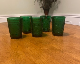 Forest Green Anchor Hocking Sandwich Pattern Juice Glasses (5)