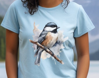 Chickadee on a branch t-shirt, chickadee watercolor style t-shirt, gift for bird watchers