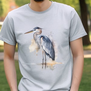 Great Blue Heron wading by the shore, watercolor tshirt - for birders, hikers, nature lovers, soft and comfortable