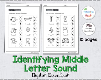 Identifying Middle Sound Worksheets, Phonics Worksheets, Middle Sound Worksheets, Preschool Printable, Homeschool Activity, A4 and 8.5"x11"