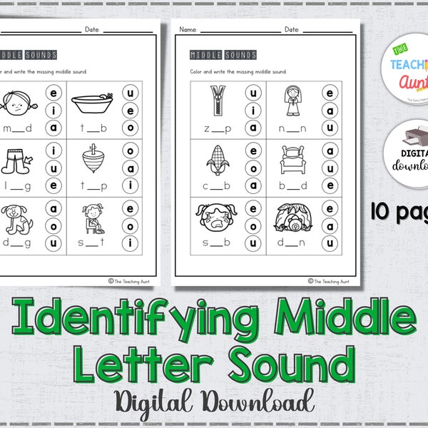 Identifying Middle Sound Worksheets, Phonics Worksheets, Middle Sound Worksheets, Preschool Printable, Homeschool Activity, A4 and 8.5"x11"