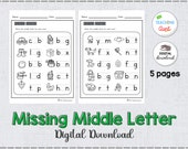 Middle Sound Worksheets, Phonics Worksheets, Write the missing letter, Preschool Printable, Middle Letter Worksheets, A4 and 8.5" x 11"