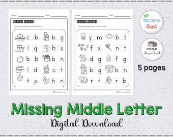 Middle Sound Worksheets, Phonics Worksheets, Write the missing letter, Preschool Printable, Middle Letter Worksheets, A4 and 8.5" x 11"