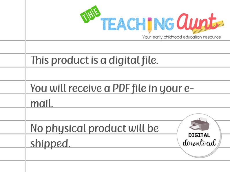 May include: A white background with black text that reads "This product is a digital file. You will receive a PDF file in your e-mail. No physical product will be shipped." A digital download icon is in the bottom right corner.