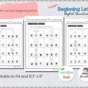 May include: Black and white printable worksheets for kids to practice beginning letter sounds. The worksheets feature images of a frog, a hat, a nose, a car, a house, a cup, a sock, a butterfly, a wagon, and a flag. The worksheets are titled "Beginning Sounds".