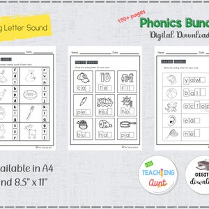 May include: Black and white printable phonics worksheets for kids. The worksheets feature images of animals, objects, and letters. The worksheets are titled "Ending Letter Sound" and are available in A4 and 8.5 x 11 inches.