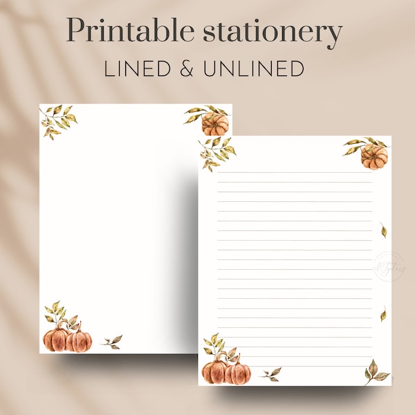 Boho Fall Pumkins Stationery Printable, Thanksgiving Notes, Boho Fall Writing Paper, Lined and Unlined, Pumkins Notes, US Letter, A4, PDF