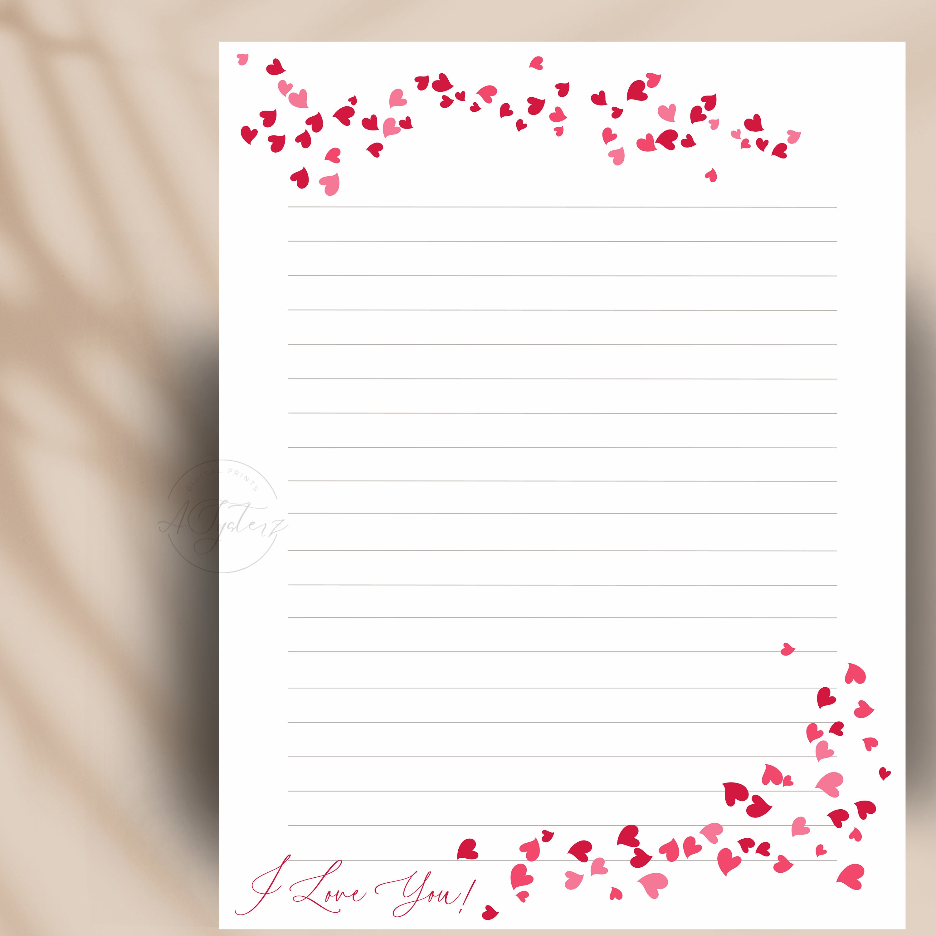 Digital Note Paper Letter Writing Template Downloadable Stationery  Stationary Love Hearts Lecture Notes Notetaking 