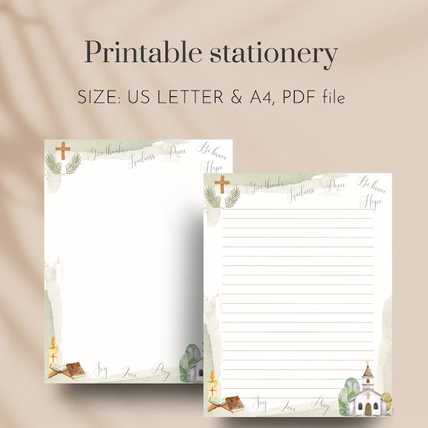 Religious Christian Watercolor Printable Stationery, Bible Notes, Lined and Unlined Paper, Religious Christian Notes, US Letter, A4, PDF