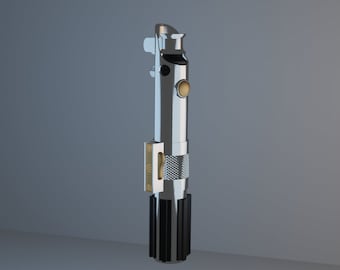 May include: A silver lightsaber with a black handle and a gold accent. The lightsaber is a popular prop from the Star Wars franchise.