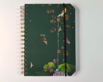 Notebook spiral binding birds dark green | A6 spiral notebook soft touch | mystical nature illustration | as a diary/journal by Ilona Reny