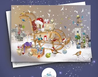 Postcard "Sleigh with Gifts" A6 Robin with Santa hat Snow on Christmas Greeting card Merry Christmas climate neutral