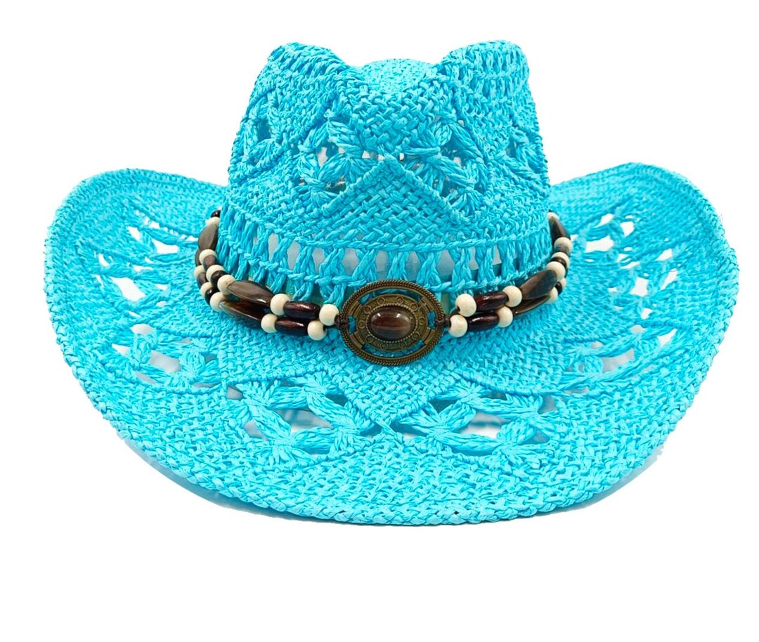 Aqua Blue Straw Cowboy Hat With Hat Band Straw Cowboy Hat Etsy