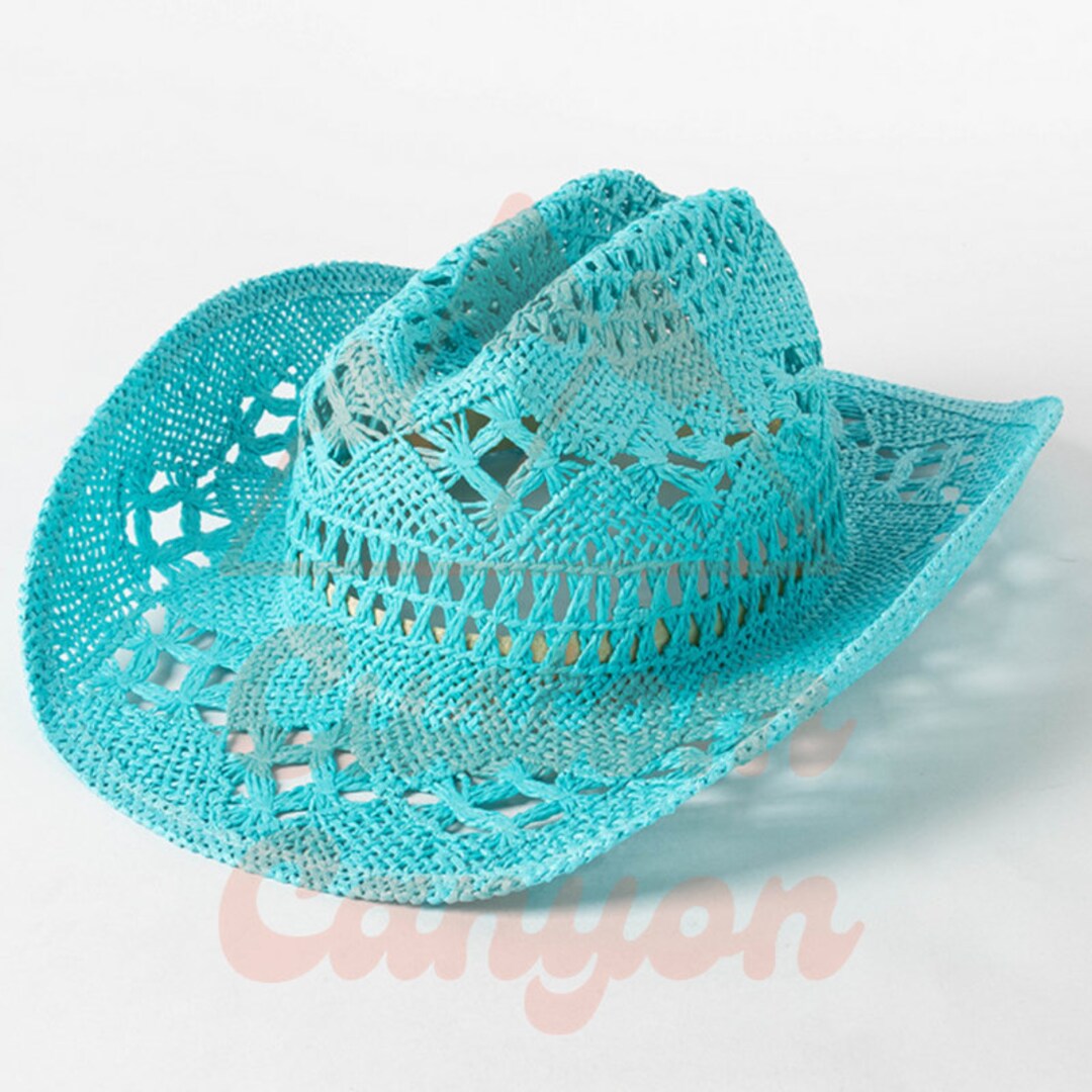 Aqua Blue Straw Hat Natural Raffia Straw Cowboy Hat Cowgirl Etsy
