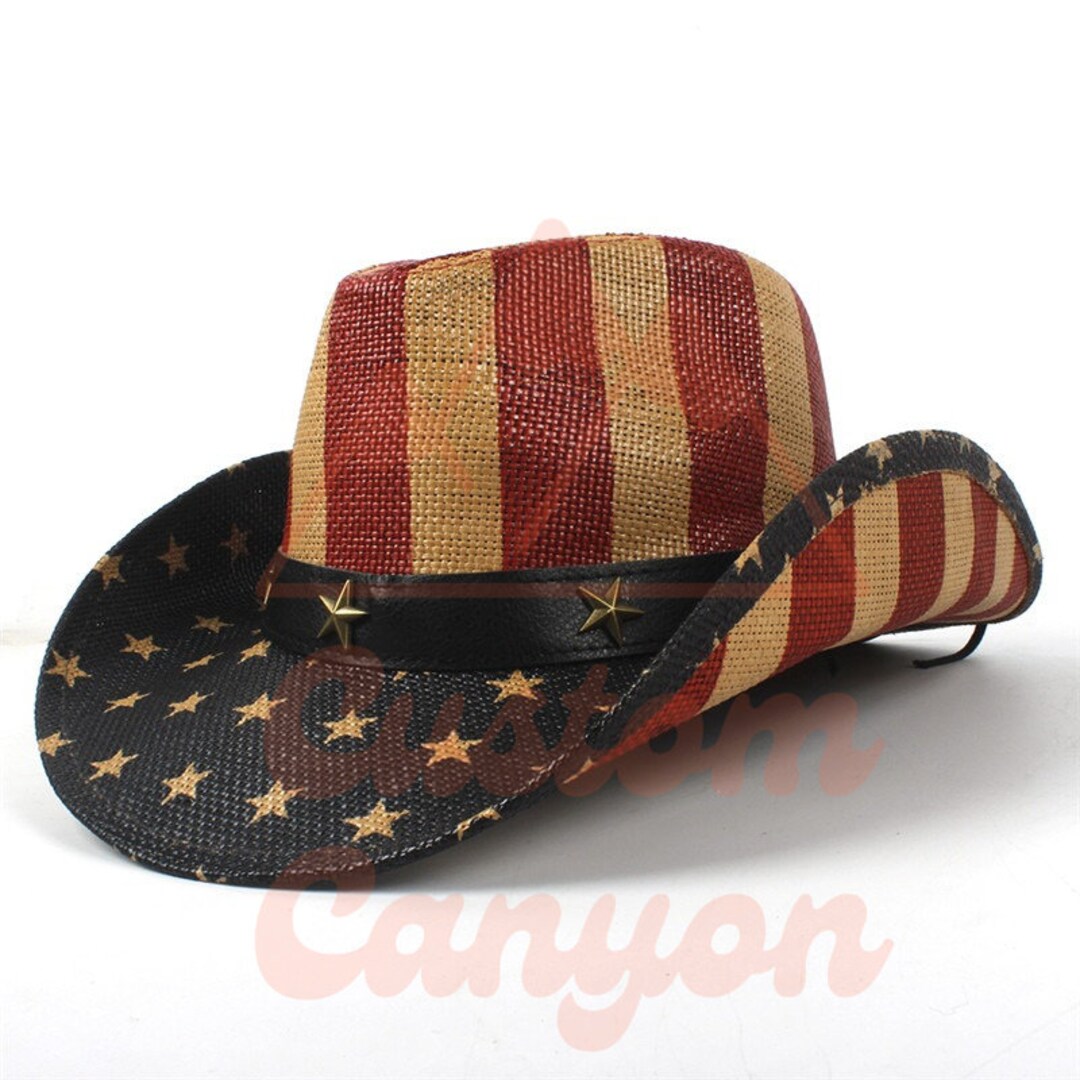 American Flag Straw Hat With Faux Leather Band USA Flag Straw Etsy
