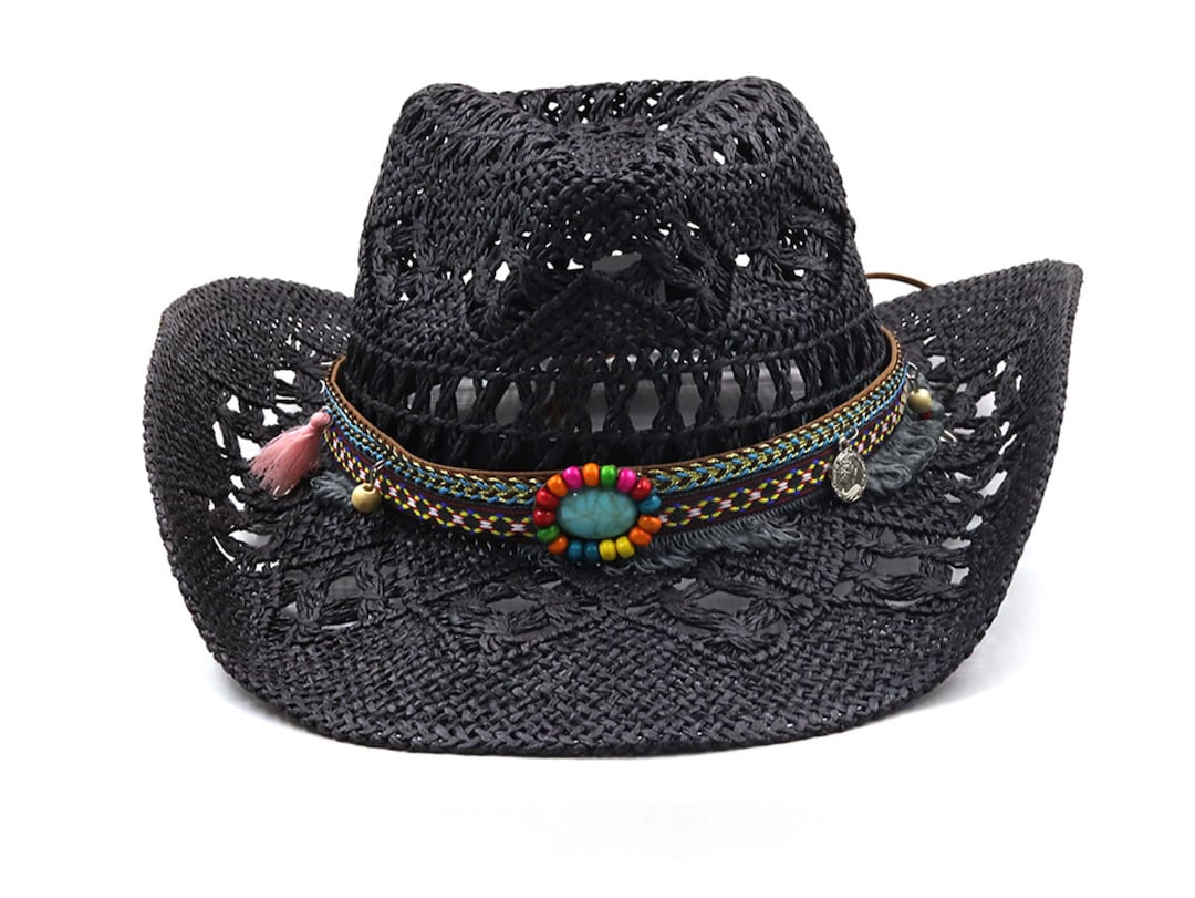 Black Straw Cowboy Hat With Beads and Charms Hatband Natural Etsy