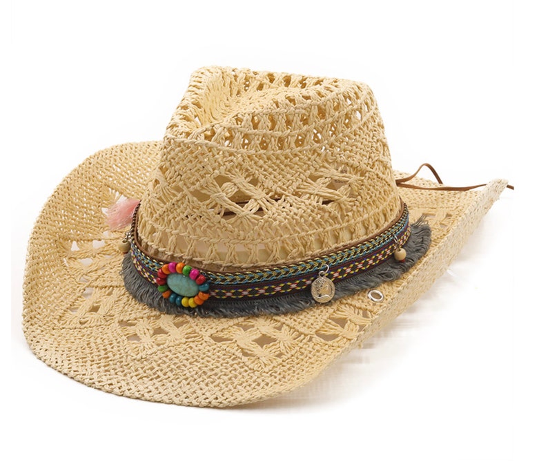 Black Straw Cowboy Hat With Beads and Charms Hatband Natural Etsy