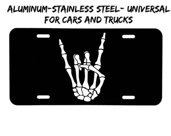 Rock on Skelton Hand front license plate made in the USA aluminum, and stainless steel, car tag, front car tag, front license plate