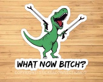 What Now Bitch Funny Dinosaur sarcastic meme vinyl sticker, vinyl decal sticker for laptops, cars, hydroflask, toolbox, Free Shipping
