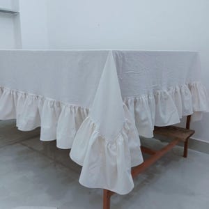 Bohemian Rustic Washed soft linen tablecloth with ruffles, Ruffled Linen Table Cover in various colors, linen farm style tablecloth