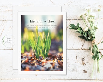 May include: A birthday card with a green plant growing out of the ground. The card has a white background and the text "birthday wishes" in blue. The text below the greeting reads "The Lord bless you and keep you; the Lord make his face shine on you and be gracious to you. Numbers 6:24-25".